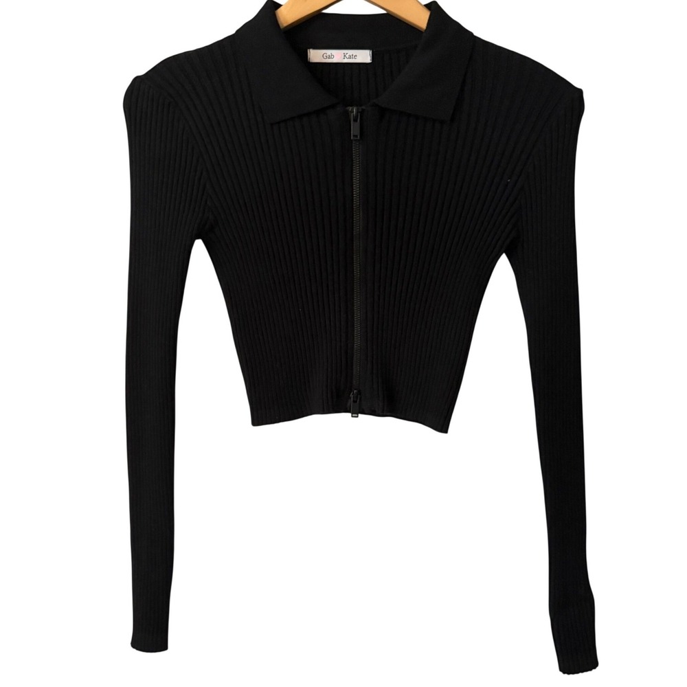 Gab & Kate Women Sz Sm Black Ribbed Full Double Zip Cropped Cardigan Sweater